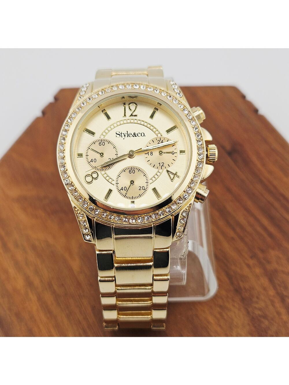 Style & Co Women's Gold Tone Multi Dial Wrist Watch Crystal Bezel Glitz Elevated